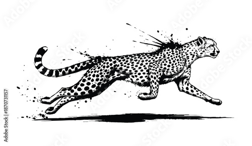 Vector ink brush painting of a black cheetah in motion. Bold, expressive brushstrokes capture the animal’s speed, grace, and wild energy in a traditional sumi-e style