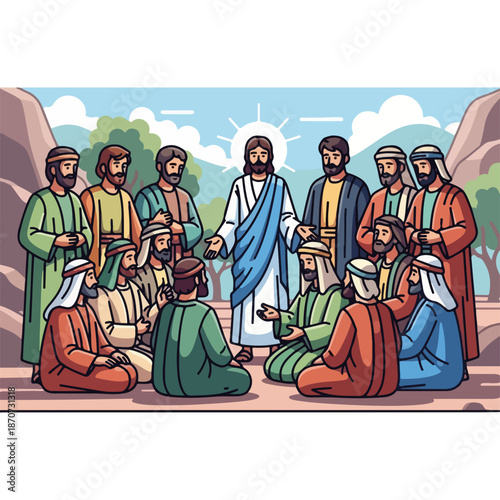 Scene from Bible with disciples gathering around Christ, exchanging teachings among apostles, witnessing miracles while sharing words of faith and inspiration in heartwarming moments of connection.