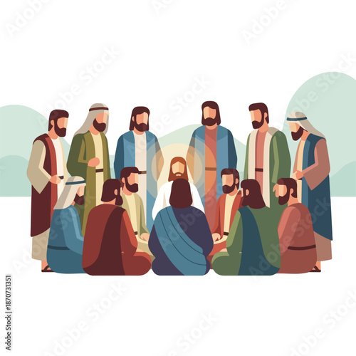 Scene from the Bible with disciples of Christ gathered around Jesus in New Testament context. Disciples of Christ radiate devotion and faith, representing witnesses of Christ's teachings.
