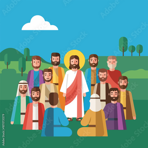 Scene from the Bible with disciples of Christ gathered around Jesus in vibrant landscape. New Testament characters engaged in conversation, depicting fellowship among apostles.