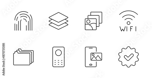 Technology and interface set icon. Fingerprint, layers, image files, wifi, folders, remote control, mobile phone, checkmark badge