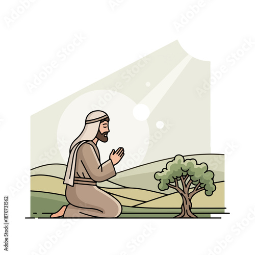 Man kneeling in peaceful biblical prayer scene, hands clasped, head bowed, under divine light in serene landscape. This spiritual biblical prayer scene includes ancient figure near solitary tree,