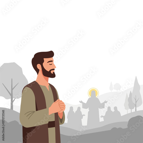 Man praying in a serene Bible scene, with blurred silhouette of Jesus Christ and followers in background amidst peaceful landscape. This devotional Bible scene depicts spiritual moment of worship,