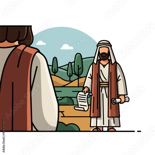 Biblical scene depicting two ancient figures, one seen from behind, another holding sacred scrolls, set against a serene landscape background.