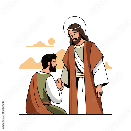 Jesus Christ comforting kneeling disciple, spiritual guidance and compassionate interaction. Scene shows followers receiving divine teaching from Jesus Christ, emphasizing faith and connection.