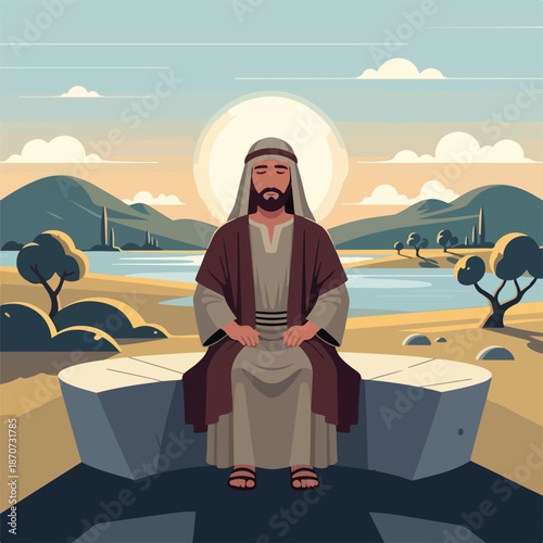 Man meditating in tranquil landscape, a serene biblical scene unfolds with figure in traditional robes. Sitting on stone bench, this contemplative moment represents profound biblical narrative.