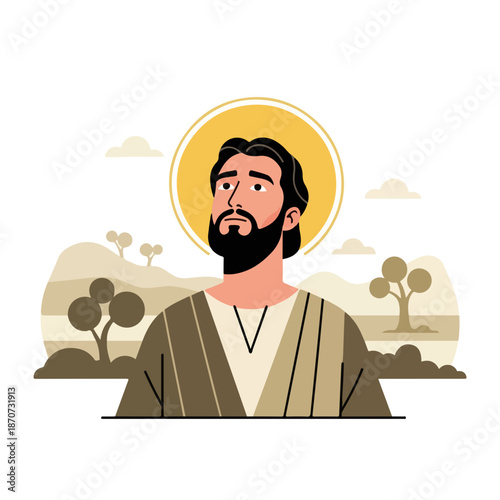Stylized art depicting contemplative biblical man with halo, beard, old robes in serene landscape. This spiritual biblical man represents ancient wisdom and devotion.