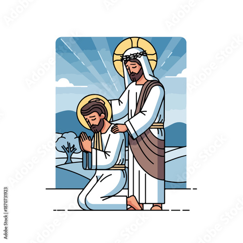 Scene from the bible shows Jesus Christ blessing kneeling man with halo, bathed in light. New Testament illustration highlights spiritual moment, witnesses of Christ.