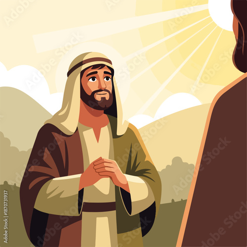 Man in ancient attire, hands clasped, looking skyward, a reflective religious scene. Art depicts new testament figure, disciple of christ or apostle, seeking divine wisdom.
