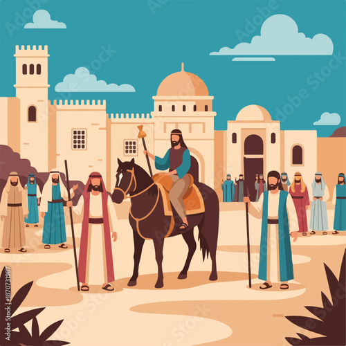 Jesus entry Jerusalem illustration, him on donkey, with followers, ancient city. This New Testament scene from Bible captures welcoming crowd for Jesus entry Jerusalem. Ideal for religious lessons,