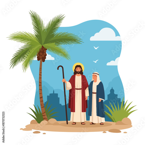 Jesus entry Jerusalem, with two figures standing on sandy ground under palm tree and city silhouette. Illustration depicting Jesus entry Jerusalem, carrying staff, alongside follower,