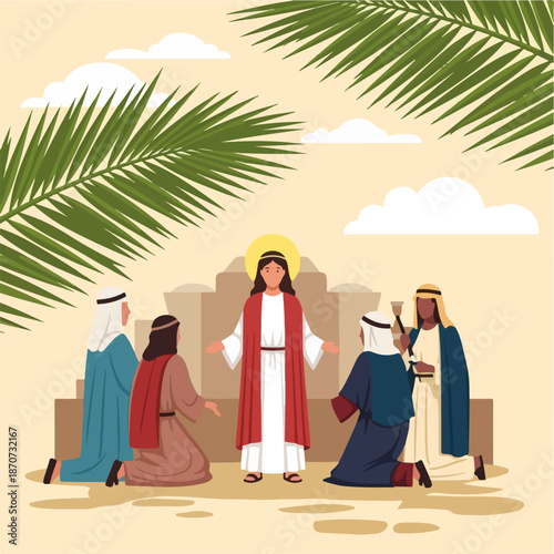 Palm Sunday illustration shows Jesus Christ welcomed by kneeling figures, palm fronds visible. This Palm Sunday depicts His entry into Jerusalem, a New Testament event.