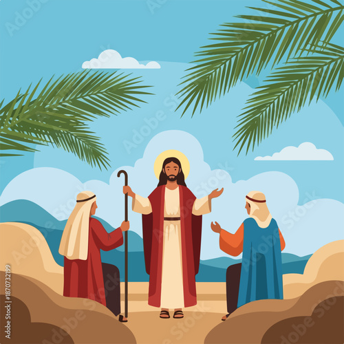 Palm Sunday scene with Jesus Christ among followers under palm fronds. This significant Palm Sunday moment shows biblical figures in traditional attire, commemorating a pivotal event.