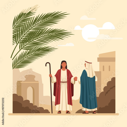 Palm Sunday scene depicts Jesus with staff, walking another figure under palm frond in ancient city setting. Biblical Palm Sunday event shows religious figures, historical architecture,