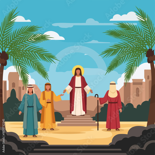 Illustration depicting Palm Sunday scene with Jesus standing on steps, surrounded by followers and palm trees, ancient city background. Palm Sunday features people in ancient robes, desert landscape,