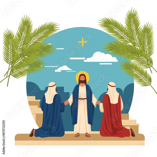 Illustration of Palm Sunday scene, showing Jesus Christ with two kneeling figures. Biblical Palm Sunday narrative features palm fronds, ancient city.