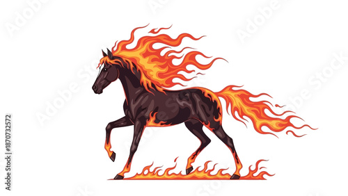 A fiery black horse running with flames surrounding its body and mane flowing in the wind