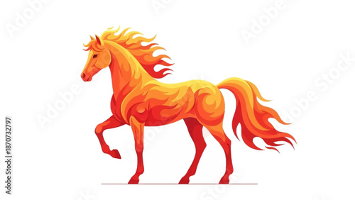 Vibrant illustration of a dynamic horse in motion, showcasing fiery mane and tail, against a clean white background