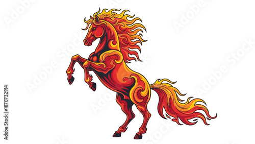 A fiery red horse rearing up on its hind legs, surrounded by flames, in a dynamic illustration style