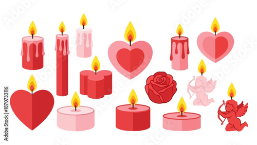 Collection of red and pink candles and hearts arranged on a white background with a rose and cherub