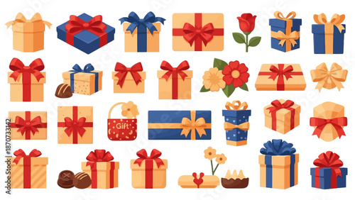 Assorted gift boxes and wrapping items arranged neatly with flowers and ribbons in a decorative display