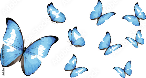 Blue butterfly illustration set, vibrant wing gradient vector, black accent insect design, nature-inspired flying motif, decorative entomology art