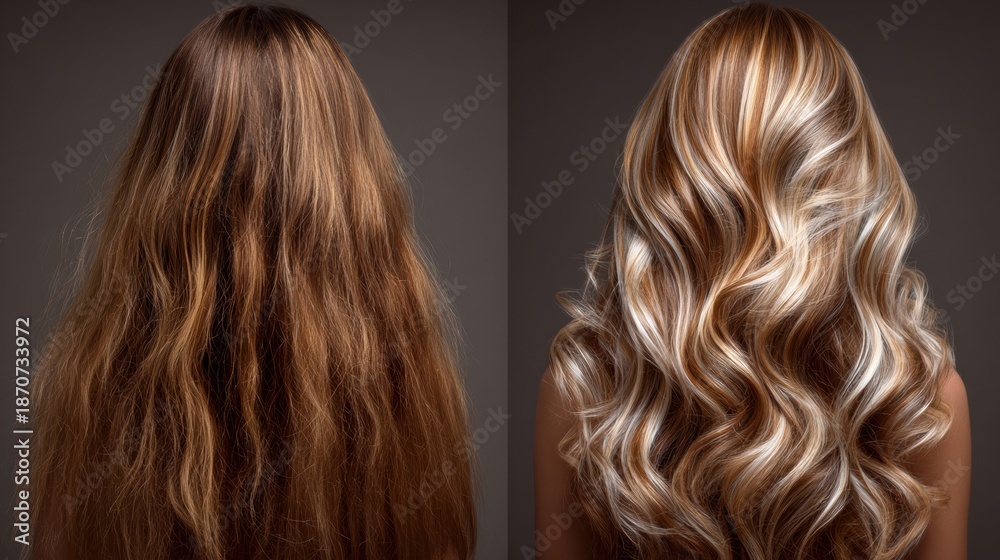 Fototapeta premium Transformation From Dull Brown Roots to Vibrant Blonde Highlights With Smooth, Flowing Locks Showcasing a Hair Color Change