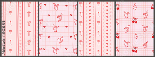 Playful whimsical heart and bow pattern backgrounds with stripes and grid textures. Romantic pink retro inspired designs for Valentine wedding. Modern feminine stationery, packaging and scrapbooking.