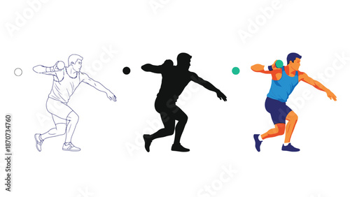 Fencing sport athlete in attack pose set of three variations sketch, silhouette, and full color illustration