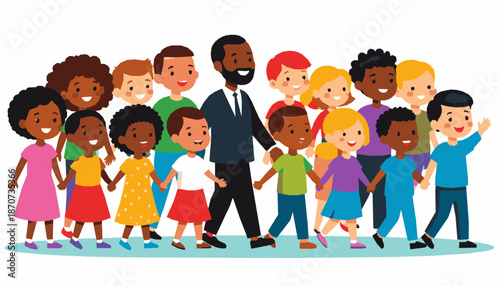 Large Multicultural Group of Happy Children Walking with Professional Male Mentor Vector Illustration, Diverse Kids and Leader Holding Hands, Global Community Unity and School Education Concept Art