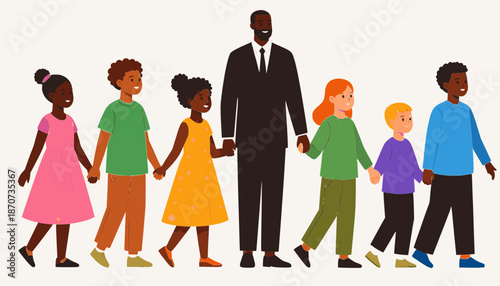 Large Multicultural Group of Happy Children Walking with Professional Male Mentor Vector Illustration