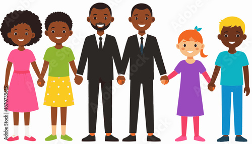 Diverse Group of People and Children Holding Hands Vector Illustration, African American Men in Suits and Multi-Ethnic Kids Standing Together