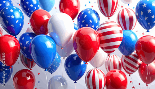 Vibrant 3D render of numerous red, white, and blue balloons with American flag motifs