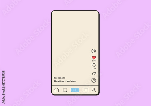 Vertical video app interface in retro vaporwave style. Mobile screen layout with avatar, likes, comments, share icons, and video player elements. Flat Style Vector Illustration.