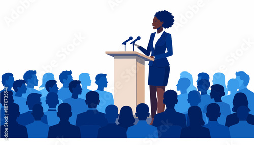 Confident Black Businesswoman Speaking at Podium in Front of Audience