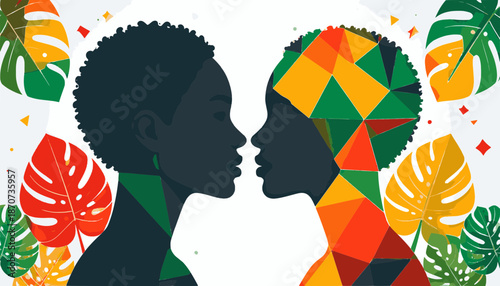 Two African American Women Silhouette Portraits Facing Each Other with Abstract Geometric Pattern