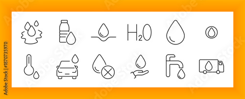 Water usage set icon. Drops, temperature tools, car, hand, faucet, H2O label, transport truck, and conservation signs outlined to illustrate consumption, hygiene, and fluid delivery.