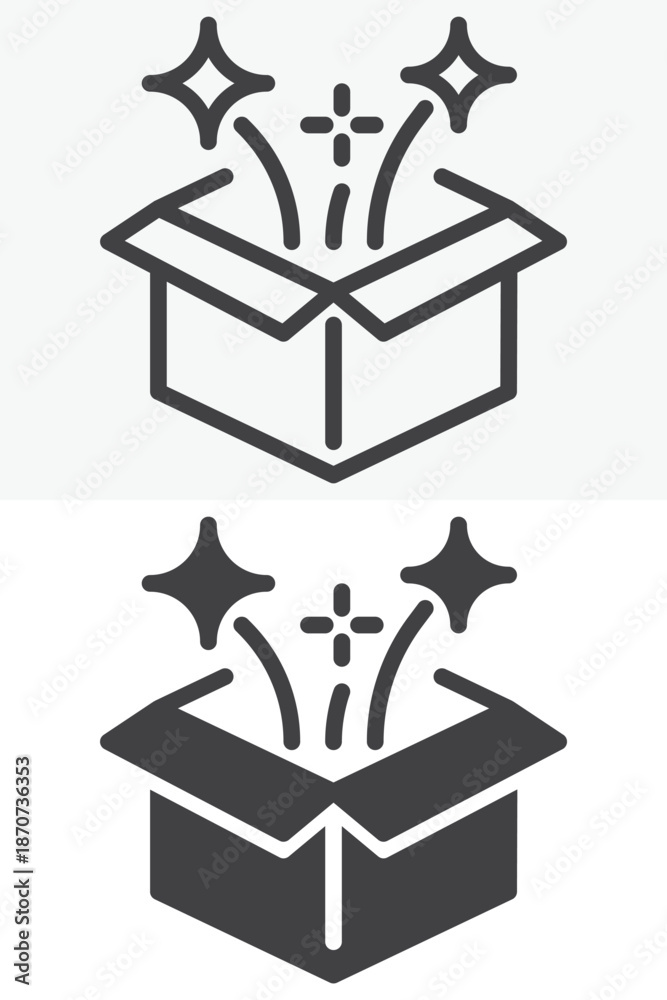 Fototapeta premium Magic box icon set in line and solid style. Outline and filled vector sign with editable stroke, surprise symbol icon for illusion, tricks and fantasy themes.