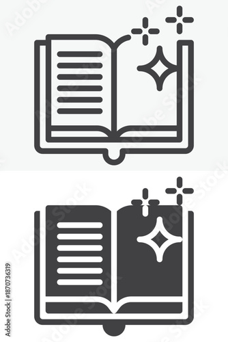 Magic book with stars icon set in line and solid style. Outline and filled vector sign with editable stroke, spellbook symbol icon for wizardry and fantasy concepts.