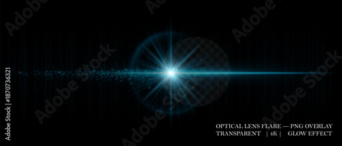 Optical light flare with shining reflections, soft transparency, and glowing particles. Ideal for visual effects, digital art, and clean luminous overlays.