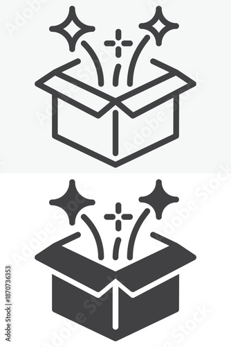 Magic box icon set in line and solid style. Outline and filled vector sign with editable stroke, surprise symbol icon for illusion, tricks and fantasy themes.