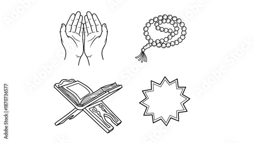 Islamic worship essentials and spiritual symbols line art collection for prayer, Ramadan, Eid, and religious concepts vector illustration set