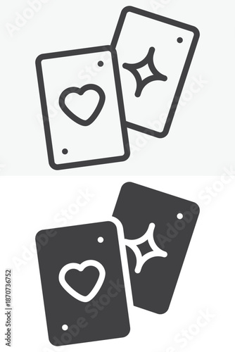 Playing cards icon set in line and solid style. Outline and filled vector sign with editable stroke, game symbol icon for luck, magic and casino themed graphics.