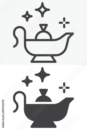 Magic lamp icon set in line and solid style. Outline and filled vector sign with editable stroke, wish symbol icon for fairy tales, genie and fantasy concepts.
