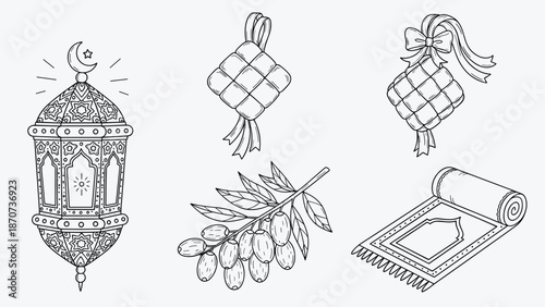 Vector Line Art Collection of Traditional Islamic Symbols and Cultural Elements. Features a Decorative Lantern, Ketupat, Olive Branch, and Prayer Mat, Ideal for Ramadan and Eid Celebrations
