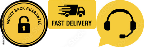 E-commerce Guarantee, Delivery, and Support Icons Set.