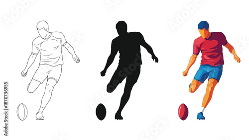 Fencing athlete in attack position with three variations outline drawing, silhouette, and full color illustration of a sport competition