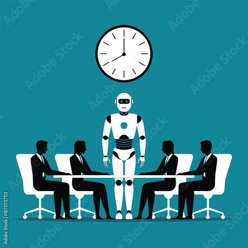The AI Director: A minimalist illustration of a meeting room, where a futuristic robot stands as a central figure, surrounded by business people