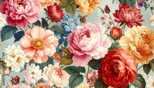 Vintage Floral Pattern - A Timeless Garden of Roses and Blooms.
