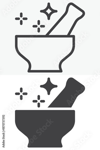 Magic mortar and pestle icon set in line and solid style. Outline and filled vector sign with editable stroke, alchemy symbol icon for potion making and magic.